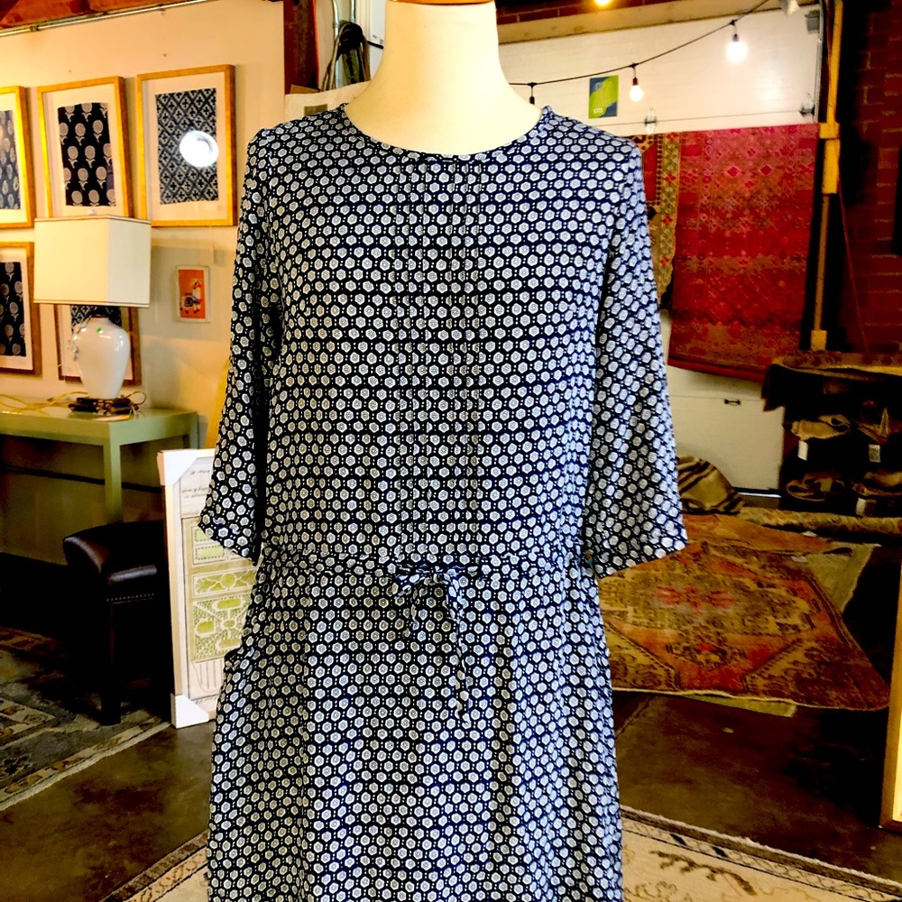 SEA New York Silk Blend Navy Crew Neck Front Tie Drop Waist Mini Dress 6